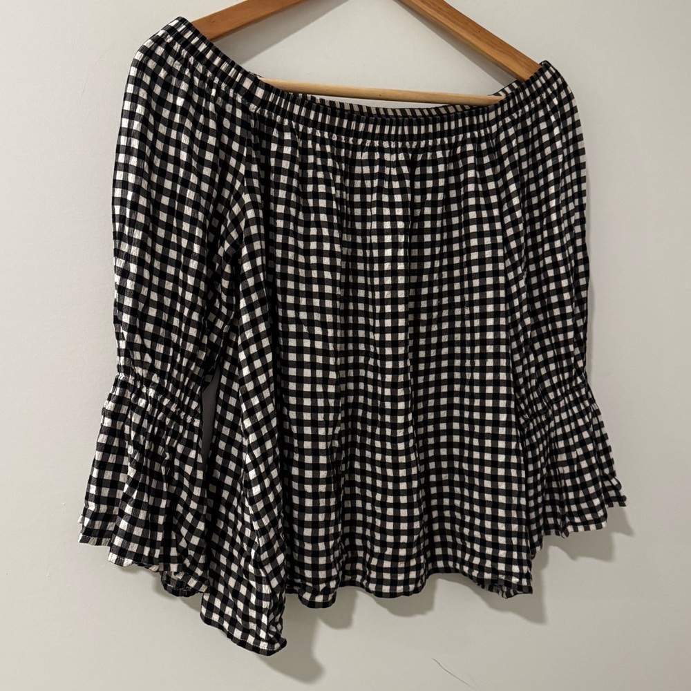 Sanctuary Black and White Gingham Off Shoulder Top Medium